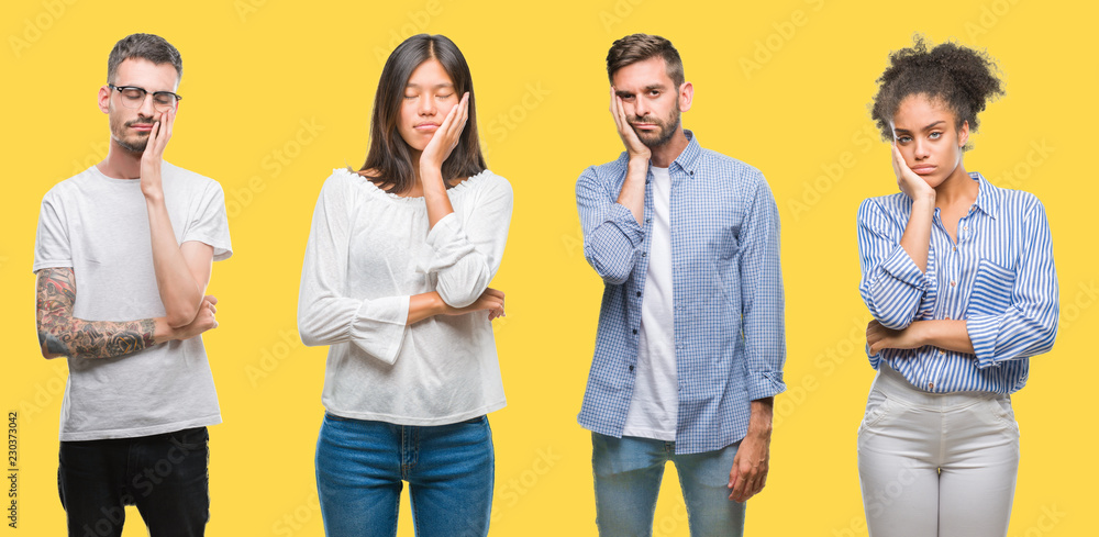 Obraz premium Collage of group people, women and men over colorful yellow isolated background thinking looking tired and bored with depression problems with crossed arms.