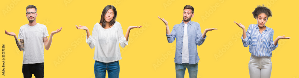 Collage of group people, women and men over colorful yellow isolated background clueless and confused expression with arms and hands raised. Doubt concept. Collage of group people, women and men over colorful yellow isolated background clueless and confused expression with arms and hands raised. Doubt concept.