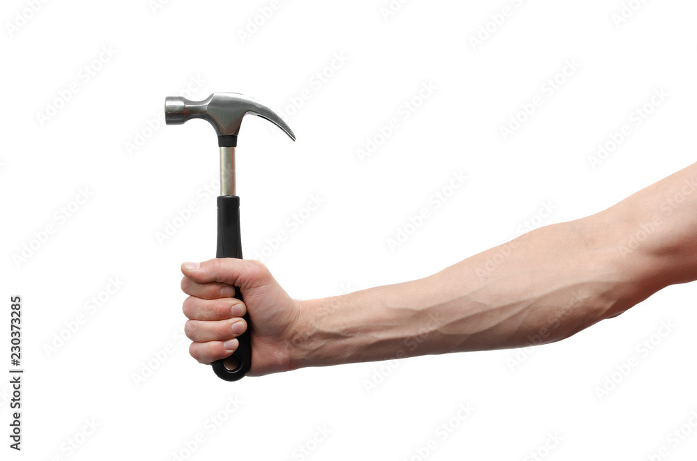 Male hand is holding a hammer isolated on the white background. Male hand is holding a hammer isolated on the white background.