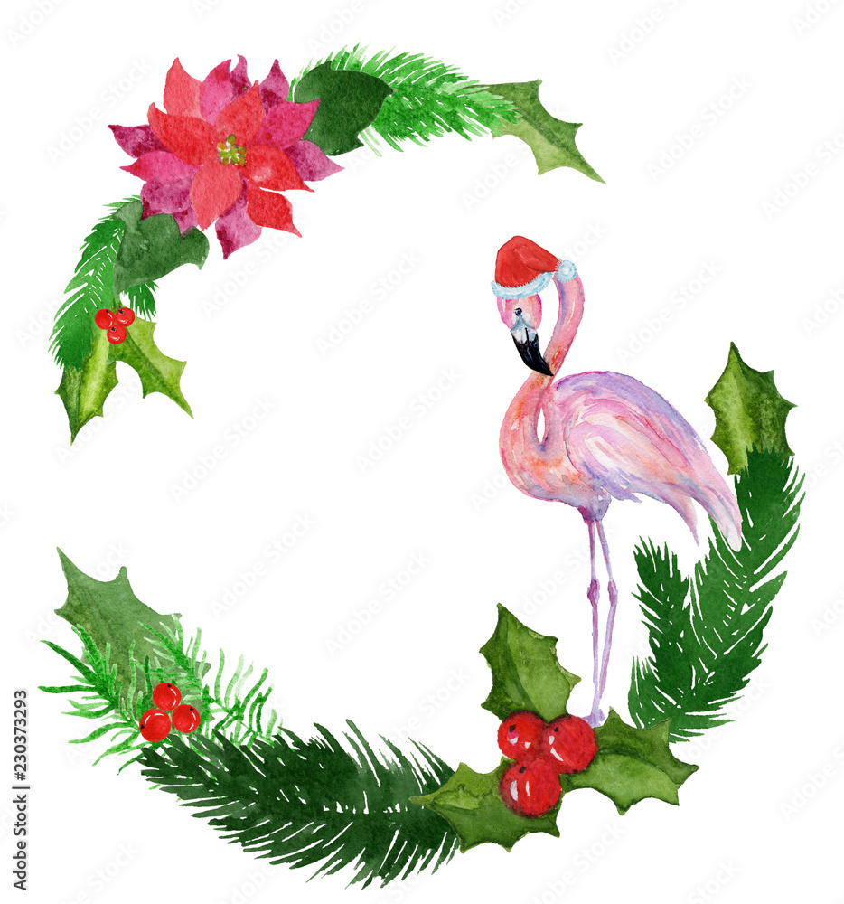 Naklejka premium Watercolor Christmas wreath poinsettia with flamingo.