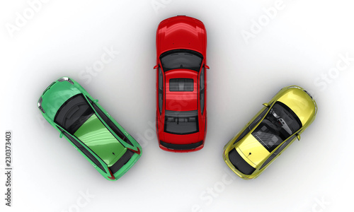three colored cars top view on a white background