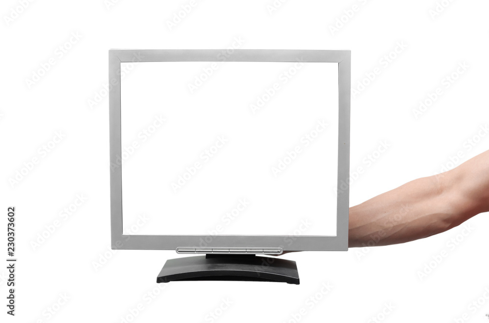 TV computer monitor with blank screen in the male hand isolated on white background. TV computer monitor with blank screen in the male hand isolated on white background.