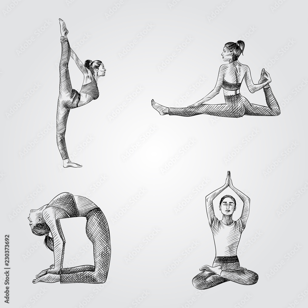 Yoga poses set vector illustration outline sketch hand drawn with black  lines isolated on white background Stock Vector by ©a3701027d 177669080