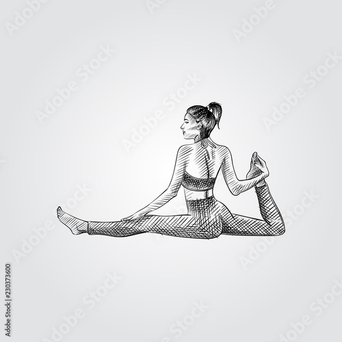 Hand drawn woman practicing yoga, stretching exercise. Vector illustration of yoga pose in sketch style isolated on white background. 
