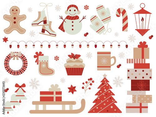 Vintage New Year and Christmas icon set. Retro style cartoon xmas symbols. Winter holiday decorative elements for scrap booking and greeting cards. Old-fashioned christmas icons collection.