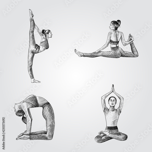 Set of Hand drawn woman practicing yoga poses. Vector illustration of yoga poses in sketch style isolated on white background. Asanas sketches