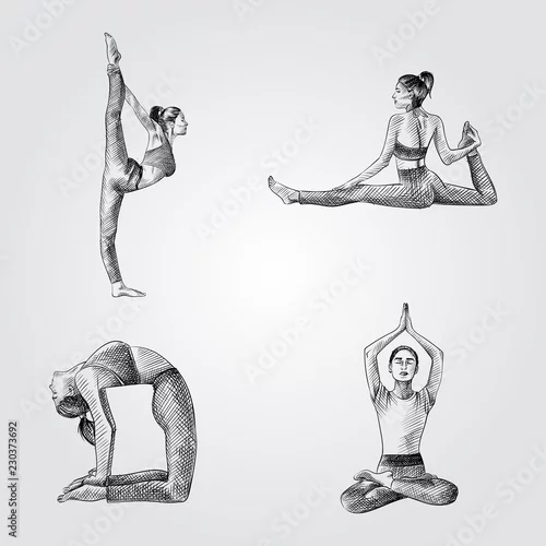 Fototapeta Set of Hand drawn woman practicing yoga poses. Vector illustration of yoga poses in sketch style isolated on white background. Asanas sketches