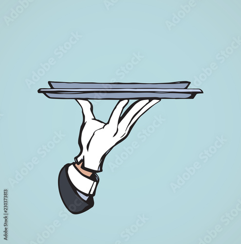 Hand of waiter with dish. Vector drawing