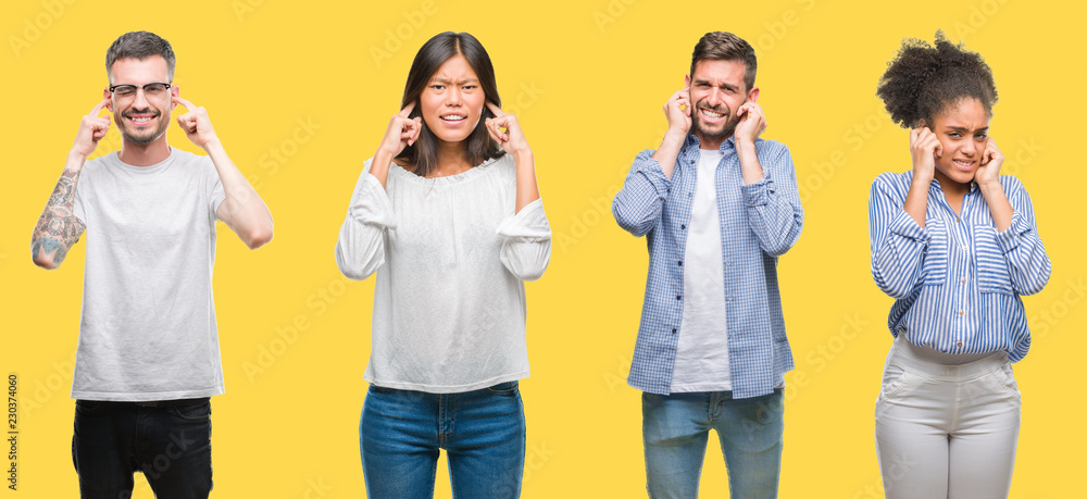 Obraz premium Collage of group people, women and men over colorful yellow isolated background covering ears with fingers with annoyed expression for the noise of loud music. Deaf concept.