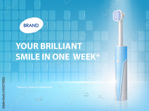 Vector 3d realistic toothbrush on ad poster. Promo banner with hygiene product. Dentist equipment, modern electric technology with ultrasound. Fiber setae, bristles and gum. Oral cleaning, prophylaxis