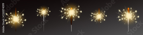 Vector festive sparklers set - process of burning with sparkles, Christmas element isolated on dark background. Realistic firework, bright glowing till smoldering. Flares with flames, fire closeup.