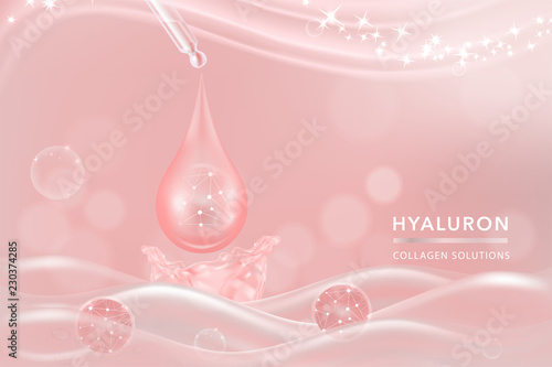 Pink Collagen Serum drop, cosmetic advertising background ready to use, luxury skin care ad, vector illustration.