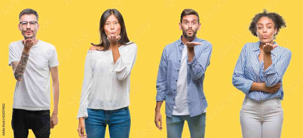 Obraz premium Collage of group people, women and men over colorful yellow isolated background looking at the camera blowing a kiss with hand on air being lovely and sexy. Love expression.