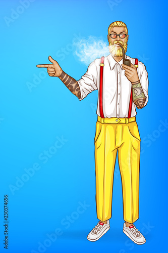 Vector pop art blonde man with beard and smoking pipe, earring in yellow pants and glasses. Guy with tattoos points with finger at sales, discounts. Character isolated on blue background for poster
