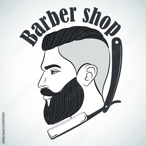 Vintage barber shop emblem, label, badge, logo. Man with beard, hipster. Vector illustration