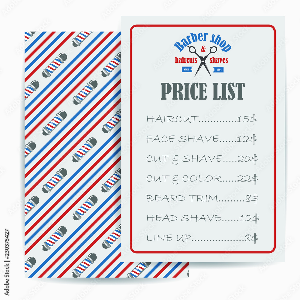 Barber shop price or brochure list with prices at the hairstyles and ...
