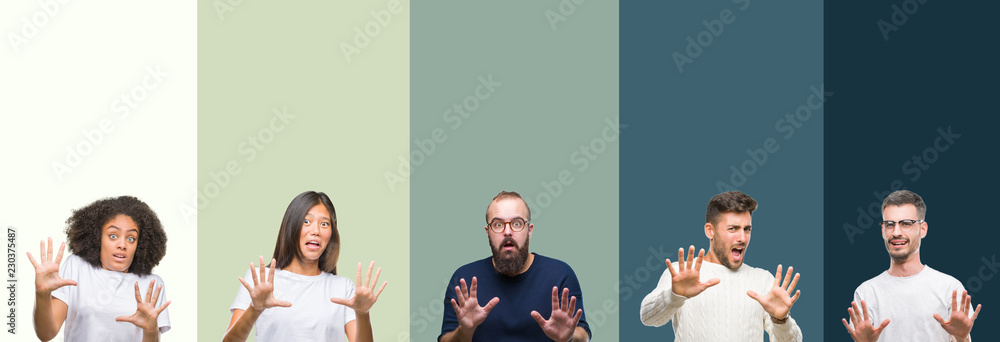 Fototapeta premium Collage of group of young people over colorful isolated background afraid and terrified with fear expression stop gesture with hands, shouting in shock. Panic concept.