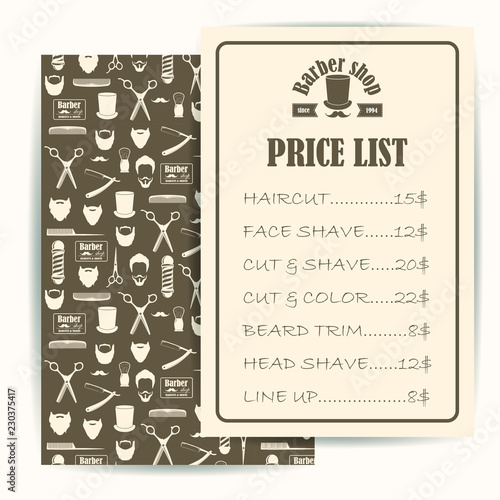 Barber shop price or brochure list with prices at the hairstyles and haircuts. Vector illustration