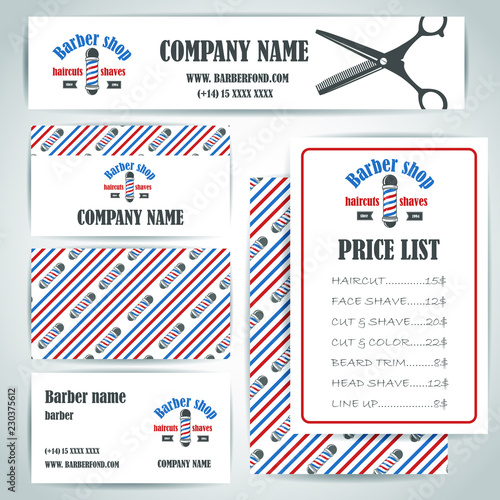 Hair salon barber shop vintage business cards and prices design template set. Vector illustration