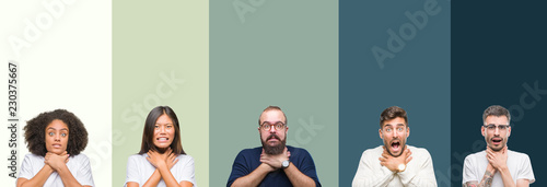 Fotografía Collage of group of young people over colorful isolated background shouting and suffocate because painful strangle