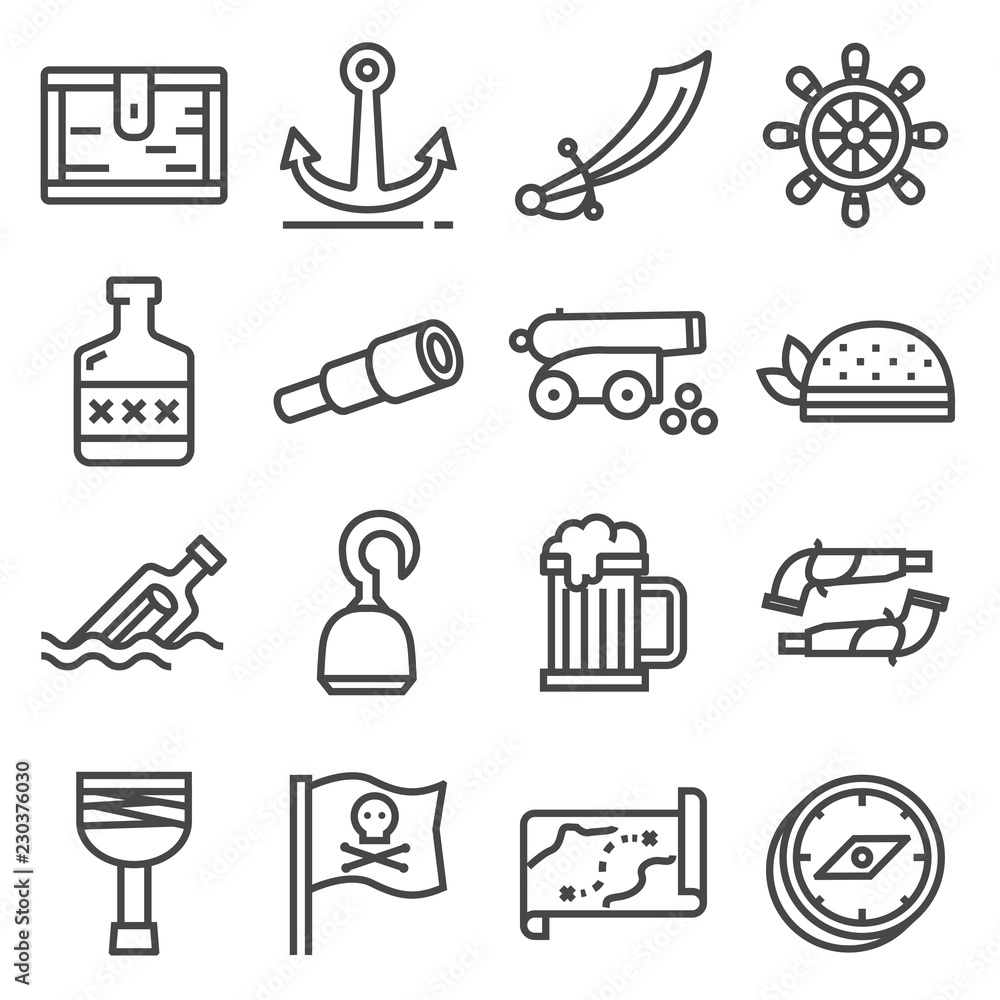 Fototapeta premium Vector line pirates icons set on white background