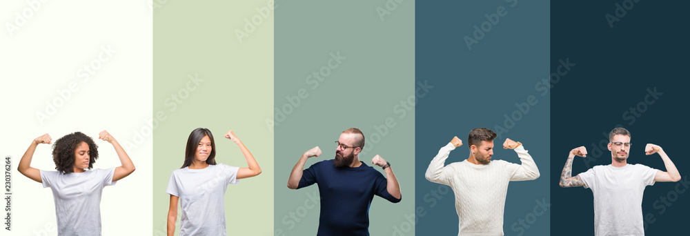 Obraz premium Collage of group of young people over colorful isolated background showing arms muscles smiling proud. Fitness concept.