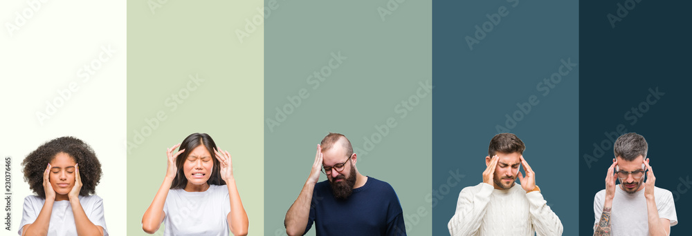 Obraz premium Collage of group of young people over colorful isolated background with hand on head for pain in head because stress. Suffering migraine.