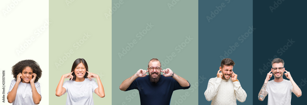 Collage of group of young people over colorful isolated background covering ears with fingers with annoyed expression for the noise of loud music. Deaf concept.