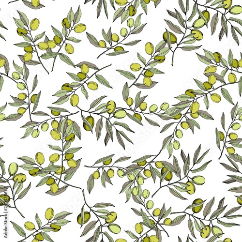 Olive tree in a vector style isolated. Green engraved ink art. Seamless background pattern. Fabric wallpaper print texture. Vector olive tree for background, texture, wrapper pattern, frame or border.