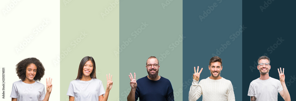 Fototapeta premium Collage of group of young people over colorful isolated background showing and pointing up with fingers number three while smiling confident and happy.