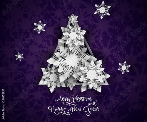 New year 2020 and Christmas design. Christmas paper cut snowflakes with shadow on dark blue background.