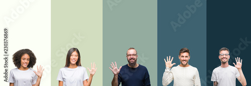 Collage of group of young people over colorful isolated background showing and pointing up with fingers number five while smiling confident and happy. photo