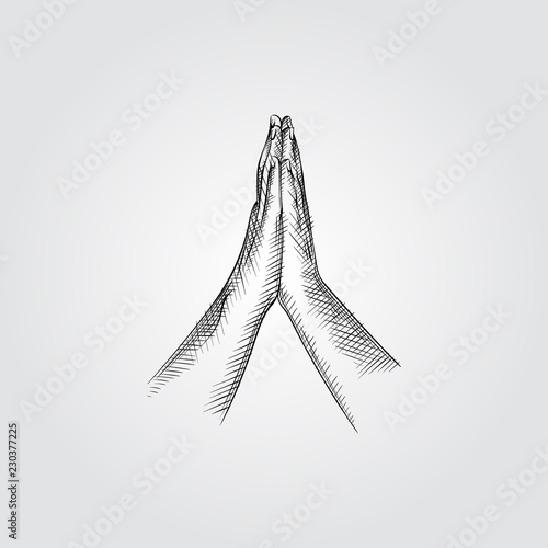 Hand greeting posture of namaste Sketch Symbol isolated on white background. Vector posture of namaste In Trendy Style. Yoga hand drawing sketches elements