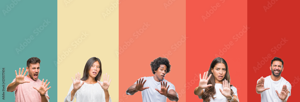 Fototapeta premium Collage of different ethnics young people over colorful stripes isolated background afraid and terrified with fear expression stop gesture with hands, shouting in shock. Panic concept.