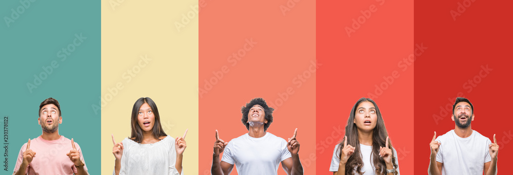 Fototapeta premium Collage of different ethnics young people over colorful stripes isolated background amazed and surprised looking up and pointing with fingers and raised arms.