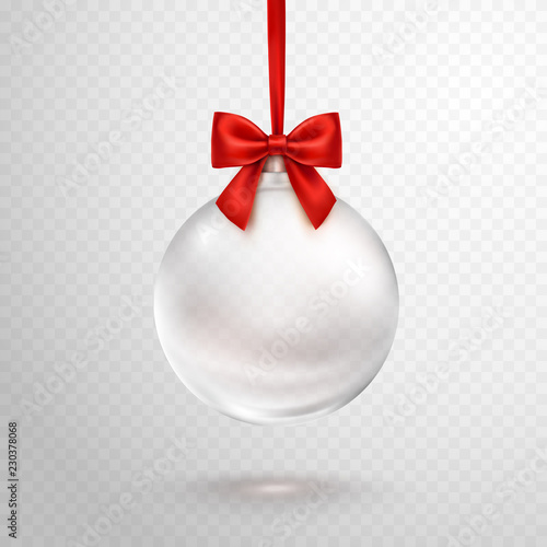 Christmas ball with red ribbon isolated on transparent background. Vector translucent glass xmas bauble template. photo