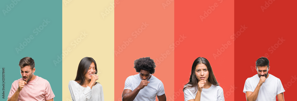 Collage of different ethnics young people over colorful stripes isolated background feeling unwell and coughing as symptom for cold or bronchitis. Healthcare concept.