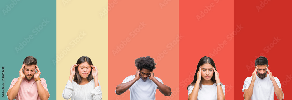 Collage of different ethnics young people over colorful stripes isolated background with hand on head for pain in head because stress. Suffering migraine.