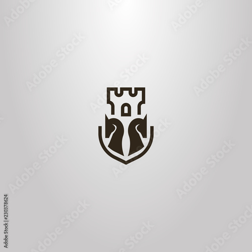 black and white simple vector flat art sign of two chess knights and castle tower behind them