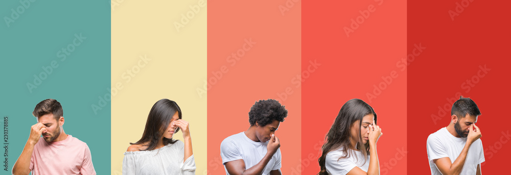 Fototapeta premium Collage of different ethnics young people over colorful stripes isolated background tired rubbing nose and eyes feeling fatigue and headache. Stress and frustration concept.