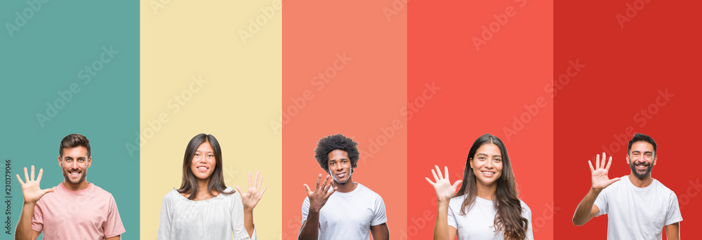 Fototapeta premium Collage of different ethnics young people over colorful stripes isolated background showing and pointing up with fingers number five while smiling confident and happy.