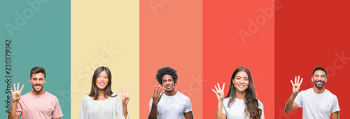 Collage of different ethnics young people over colorful stripes isolated background showing and pointing up with fingers number four while smiling confident and happy.