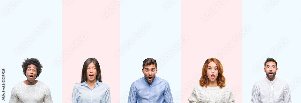 Obraz premium Collage of group of young people over colorful isolated background afraid and shocked with surprise expression, fear and excited face.