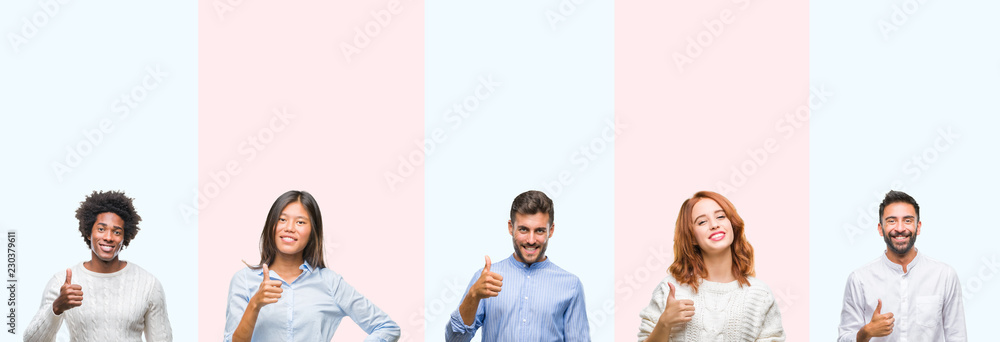 Fototapeta premium Collage of group of young people over colorful isolated background doing happy thumbs up gesture with hand. Approving expression looking at the camera with showing success.