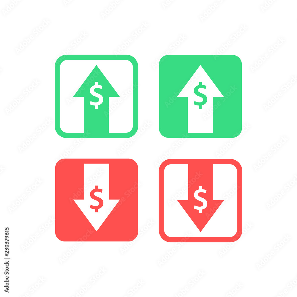 Cost reduction icon. Profit money. Arrow up and down. Image isolated on white background. Vector illustration. Cost reduction icon. Profit money. Arrow up and down. Image isolated on white background. Vector illustration.