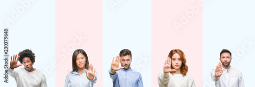 Collage of group of young people over colorful isolated background doing stop sing with palm of the hand. Warning expression with negative and serious gesture on the face.