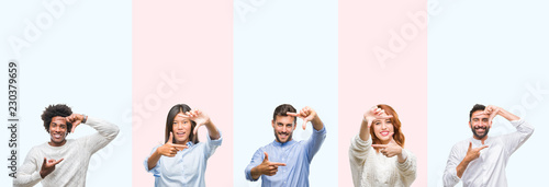 Collage of group of young people over colorful isolated background smiling making frame with hands and fingers with happy face. Creativity and photography concept.