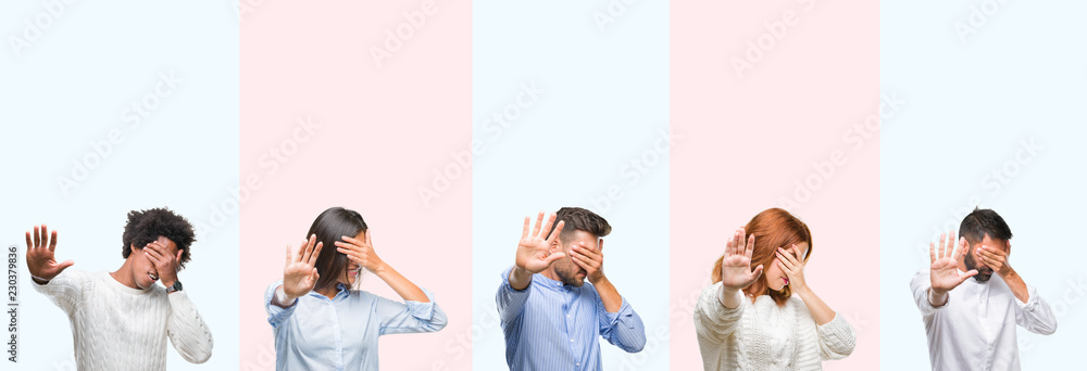 Obraz premium Collage of group of young people over colorful isolated background covering eyes with hands and doing stop gesture with sad and fear expression. Embarrassed and negative concept.