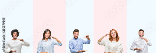 Collage of group of young people over colorful isolated background gesturing with hands showing big and large size sign, measure symbol. Smiling looking at the camera. Measuring concept.