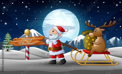 Cartoon funny santa claus pulling a sleigh with a deer with sack of presents